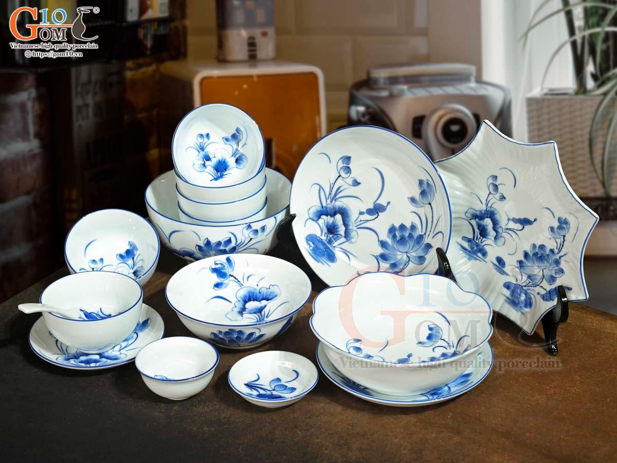 Bộ đồ ăn men trắng vẽ hoa Sen tràm, 16 chi tiết