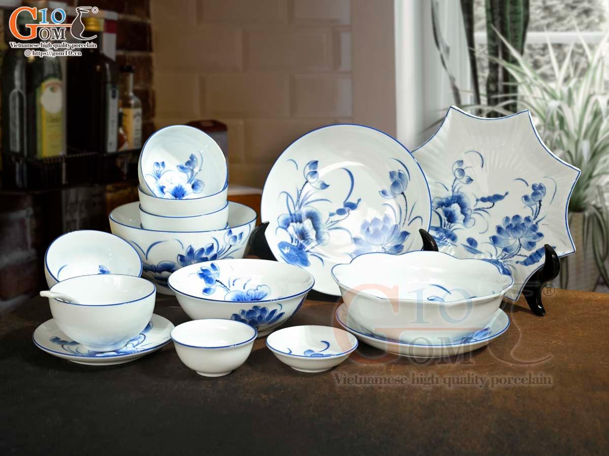 Bộ đồ ăn men trắng vẽ hoa Sen tràm, 16 chi tiết