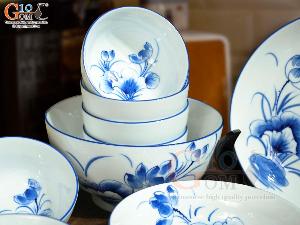 Bộ đồ ăn men trắng vẽ hoa Sen tràm, 16 chi tiết
