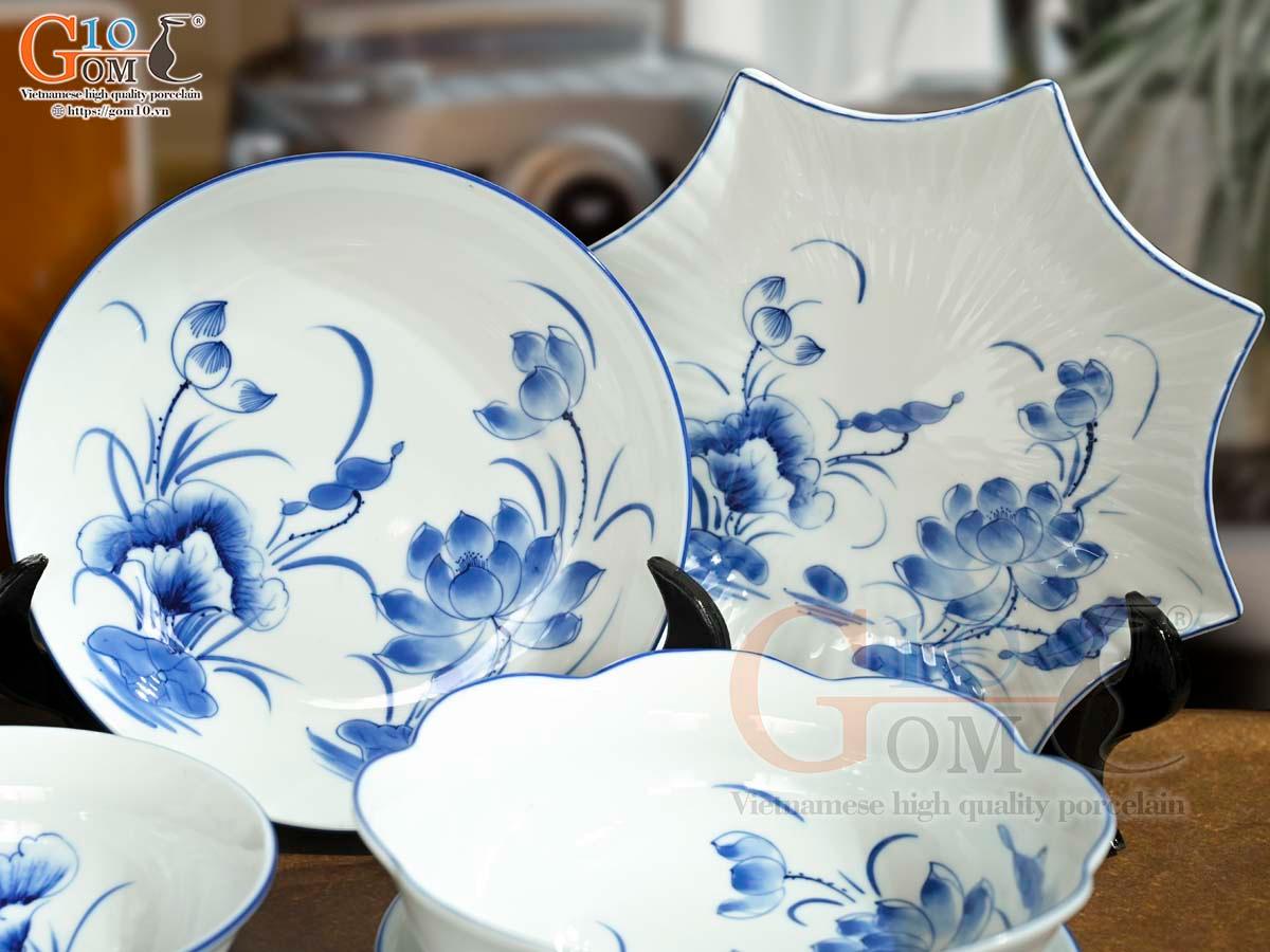 Bộ đồ ăn men trắng vẽ hoa Sen tràm, 16 chi tiết
