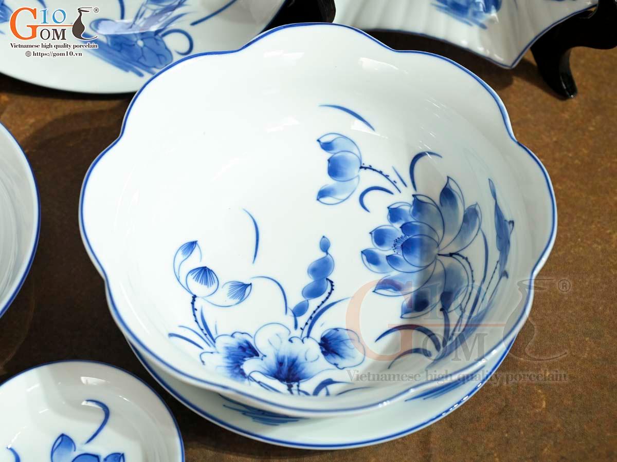 Bộ đồ ăn men trắng vẽ hoa Sen tràm, 16 chi tiết