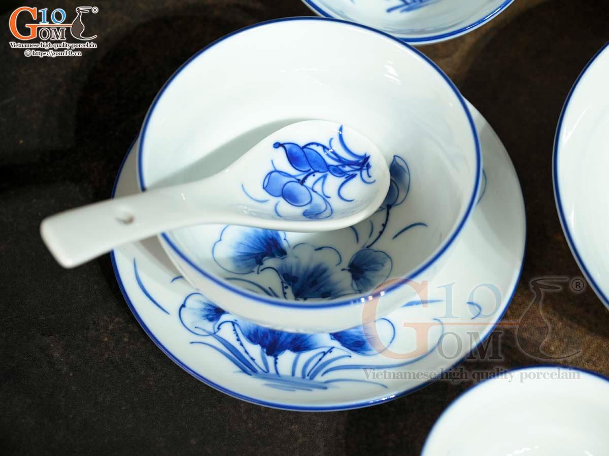 Bộ đồ ăn men trắng vẽ hoa Sen tràm, 16 chi tiết