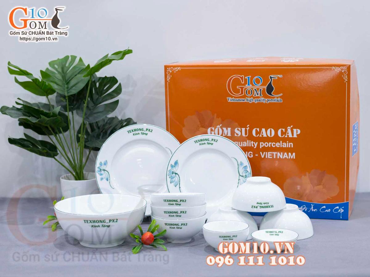 Bộ đồ ăn quà tặng men kem vẽ sen xanh, in logo thương hiệu