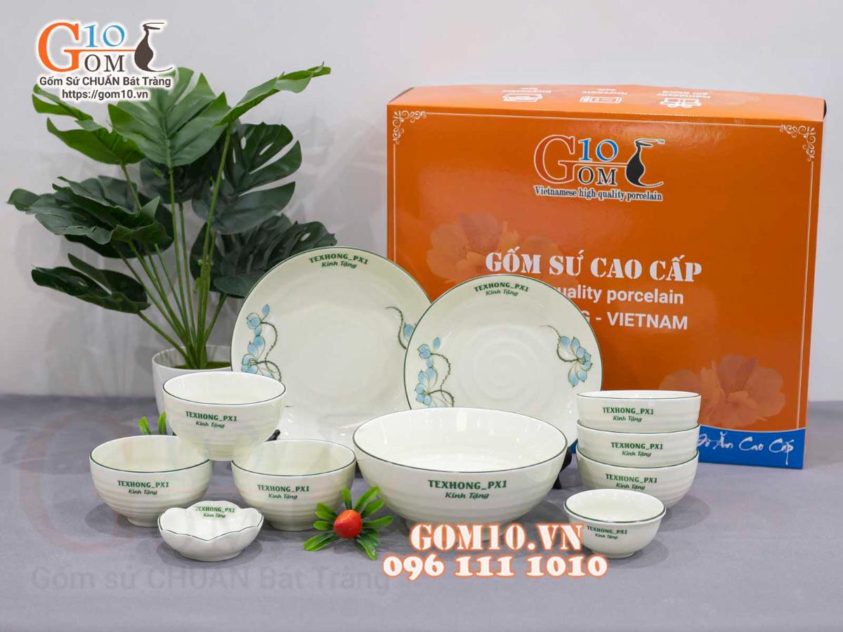 Bộ đồ ăn quà tặng men kem vẽ sen xanh, in logo thương hiệu