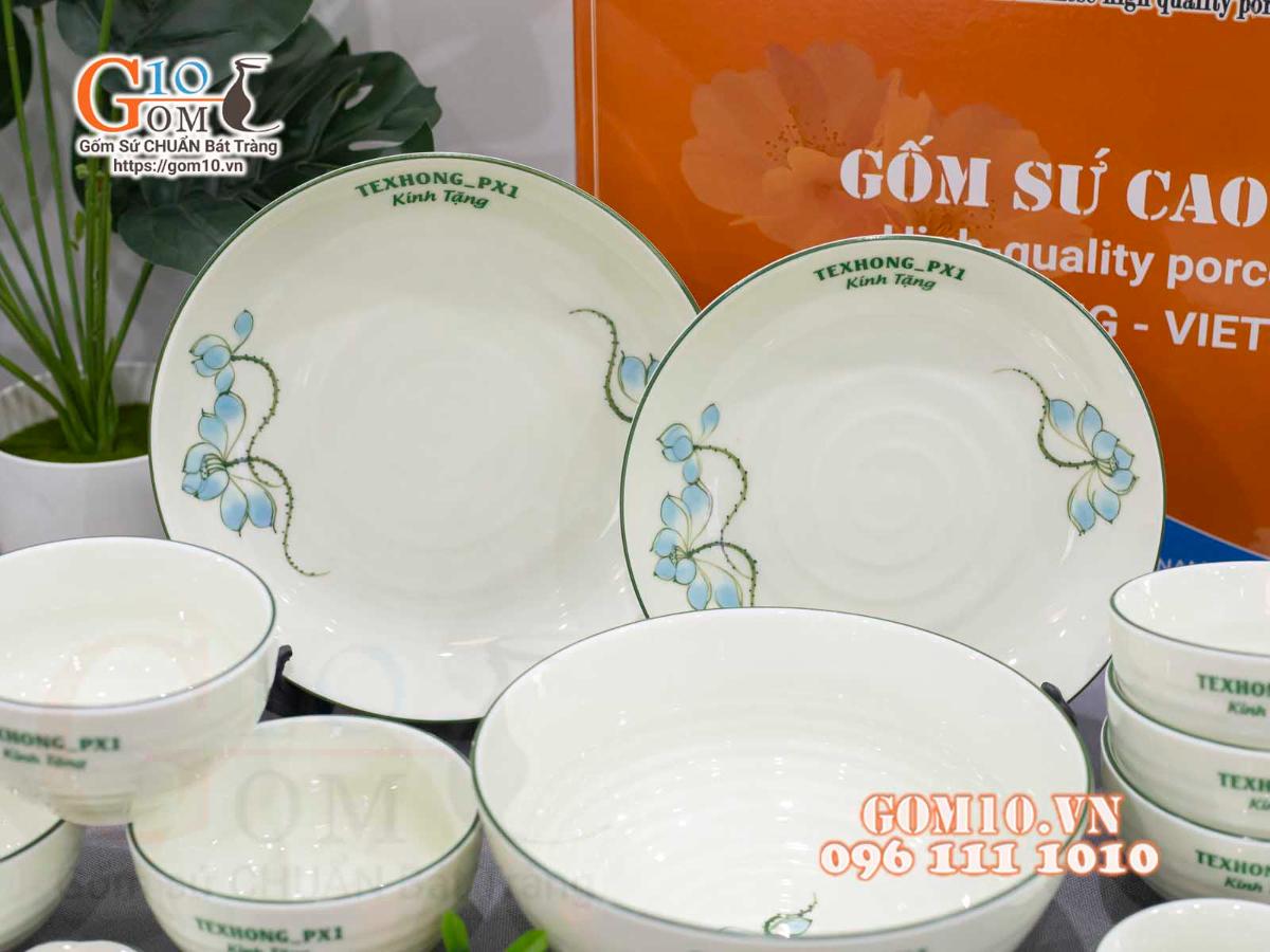 Bộ đồ ăn quà tặng men kem vẽ sen xanh, in logo thương hiệu