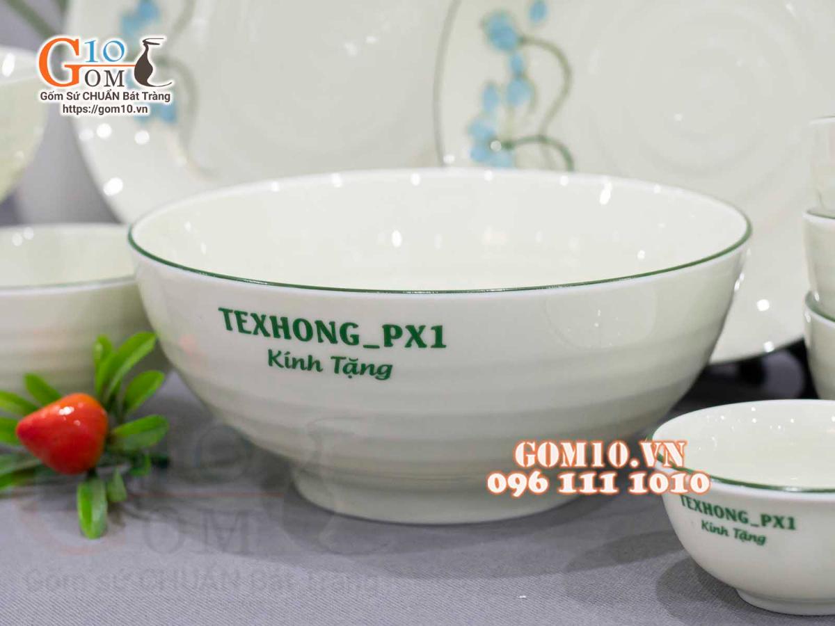 Bộ đồ ăn quà tặng men kem vẽ sen xanh, in logo thương hiệu