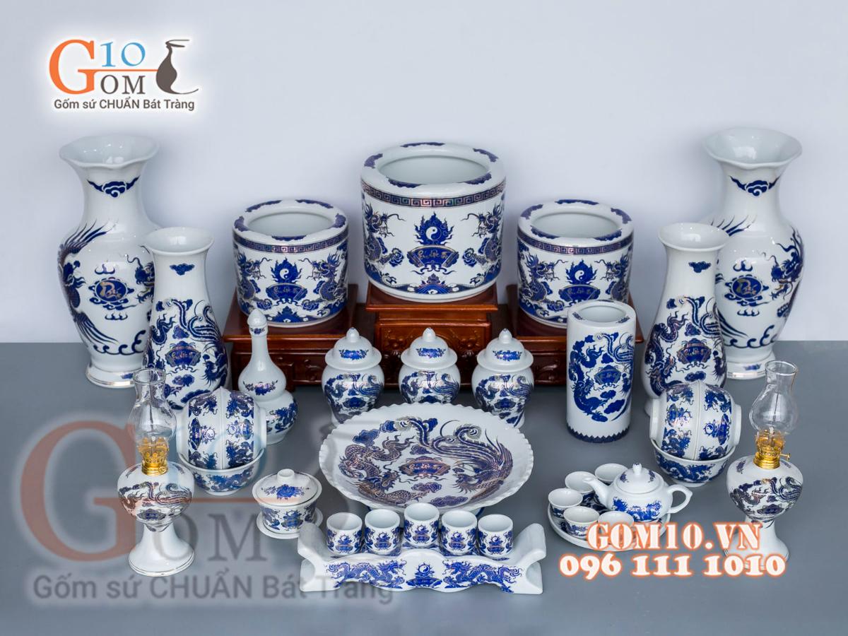 Bộ đồ thờ họa tiết Rồng Phúc Lộc Thọ xanh kim đầy đủ Bộ đồ thờ họa tiết Rồng Phúc Lộc Thọ xanh kim đầy đủ