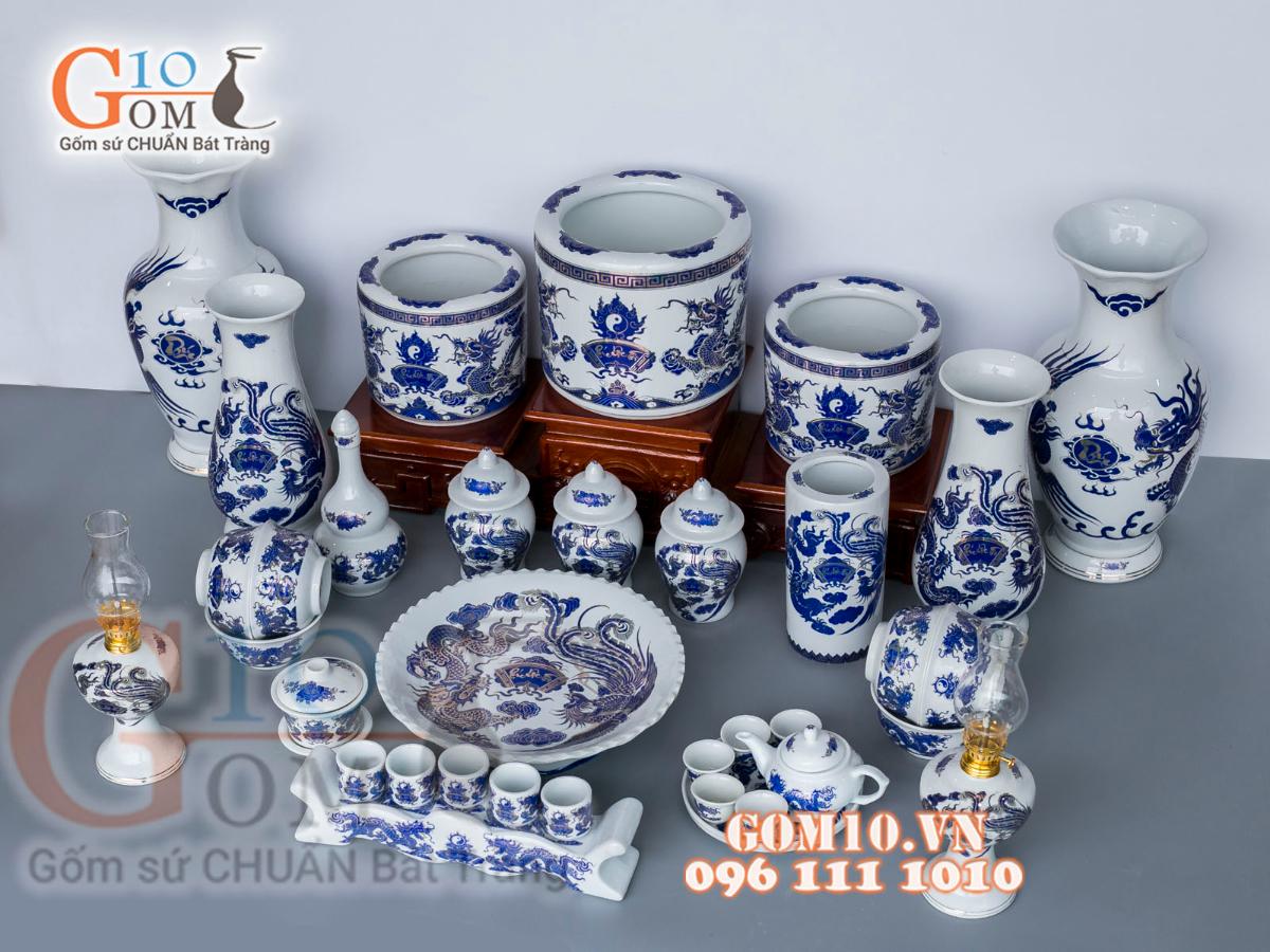 Bộ đồ thờ họa tiết Rồng Phúc Lộc Thọ xanh kim đầy đủ Bộ đồ thờ họa tiết Rồng Phúc Lộc Thọ xanh kim đầy đủ