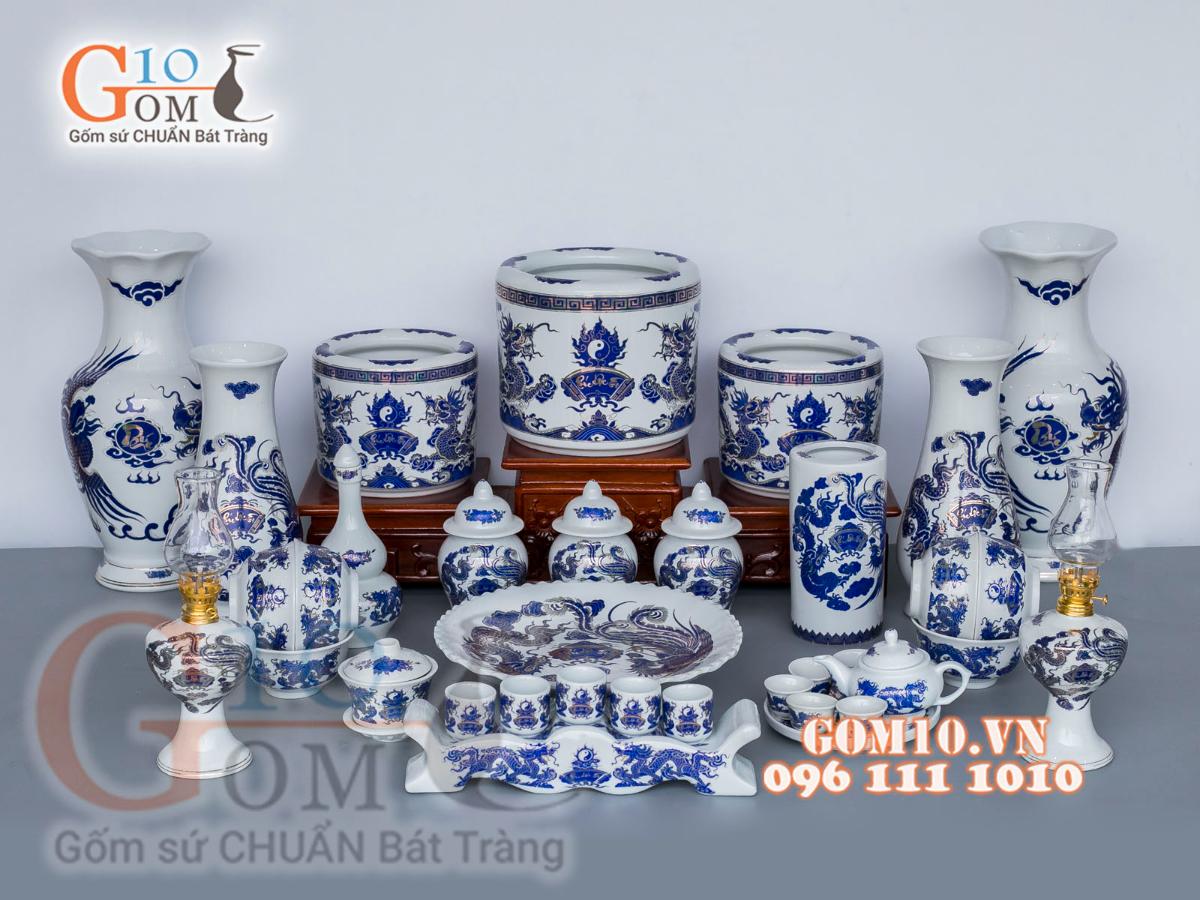 Bộ đồ thờ họa tiết Rồng Phúc Lộc Thọ xanh kim đầy đủ Bộ đồ thờ họa tiết Rồng Phúc Lộc Thọ xanh kim đầy đủ