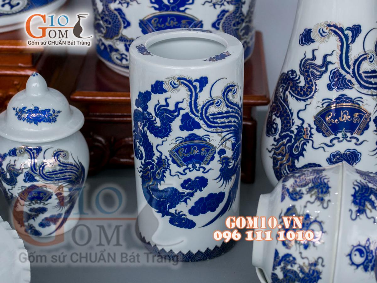 Bộ đồ thờ họa tiết Rồng Phúc Lộc Thọ xanh kim đầy đủ