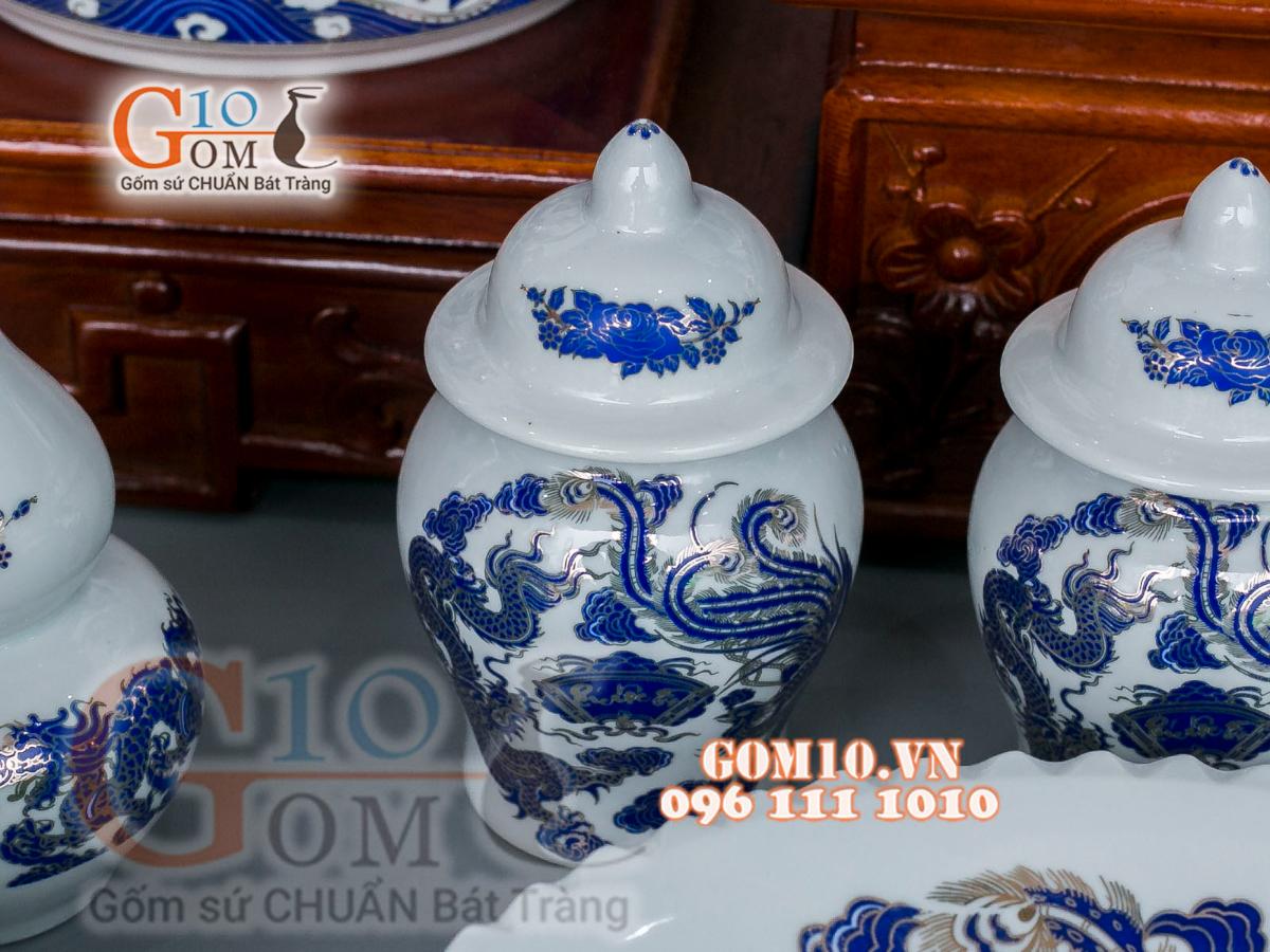 Bộ đồ thờ họa tiết Rồng Phúc Lộc Thọ xanh kim đầy đủ Bộ đồ thờ họa tiết Rồng Phúc Lộc Thọ xanh kim đầy đủ