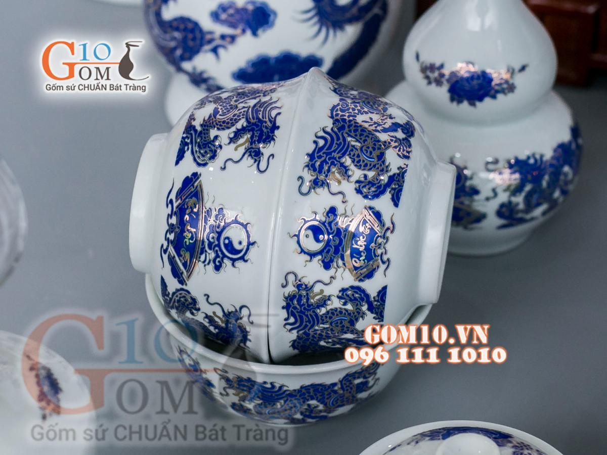 Bộ đồ thờ họa tiết Rồng Phúc Lộc Thọ xanh kim đầy đủ Bộ đồ thờ họa tiết Rồng Phúc Lộc Thọ xanh kim đầy đủ