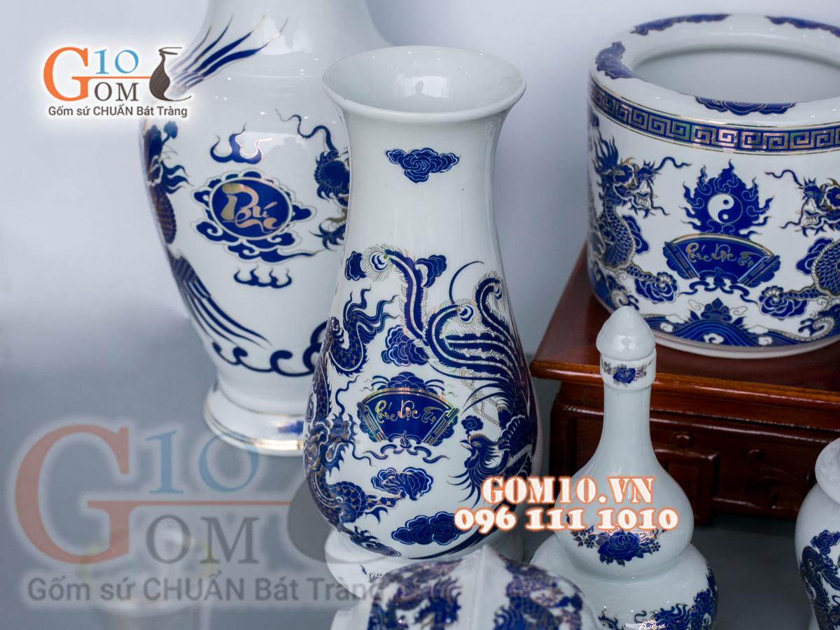 Bộ đồ thờ họa tiết Rồng Phúc Lộc Thọ xanh kim đầy đủ Bộ đồ thờ họa tiết Rồng Phúc Lộc Thọ xanh kim đầy đủ