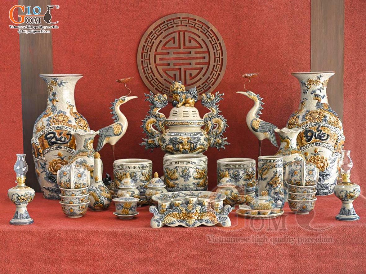 Bộ đồ thờ Hỷ Sự Nạp Phúc men rạn đắp nổi Rồng cao cấp 04 Bộ đồ thờ Hỷ Sự Nạp Phúc men rạn đắp nổi Rồng cao cấp 04