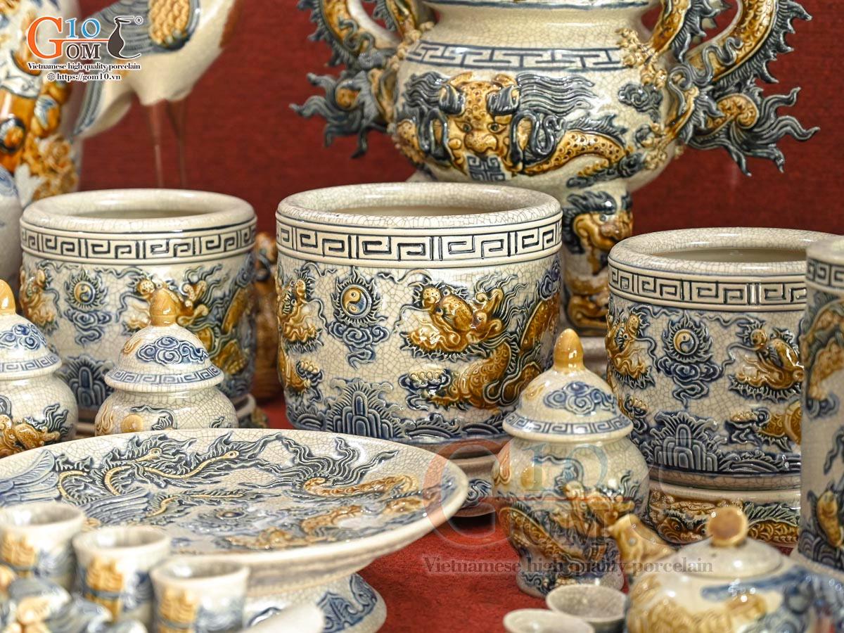 Bộ đồ thờ Hỷ Sự Nạp Phúc men rạn đắp nổi Rồng cao cấp 04 Bộ đồ thờ Hỷ Sự Nạp Phúc men rạn đắp nổi Rồng cao cấp 04