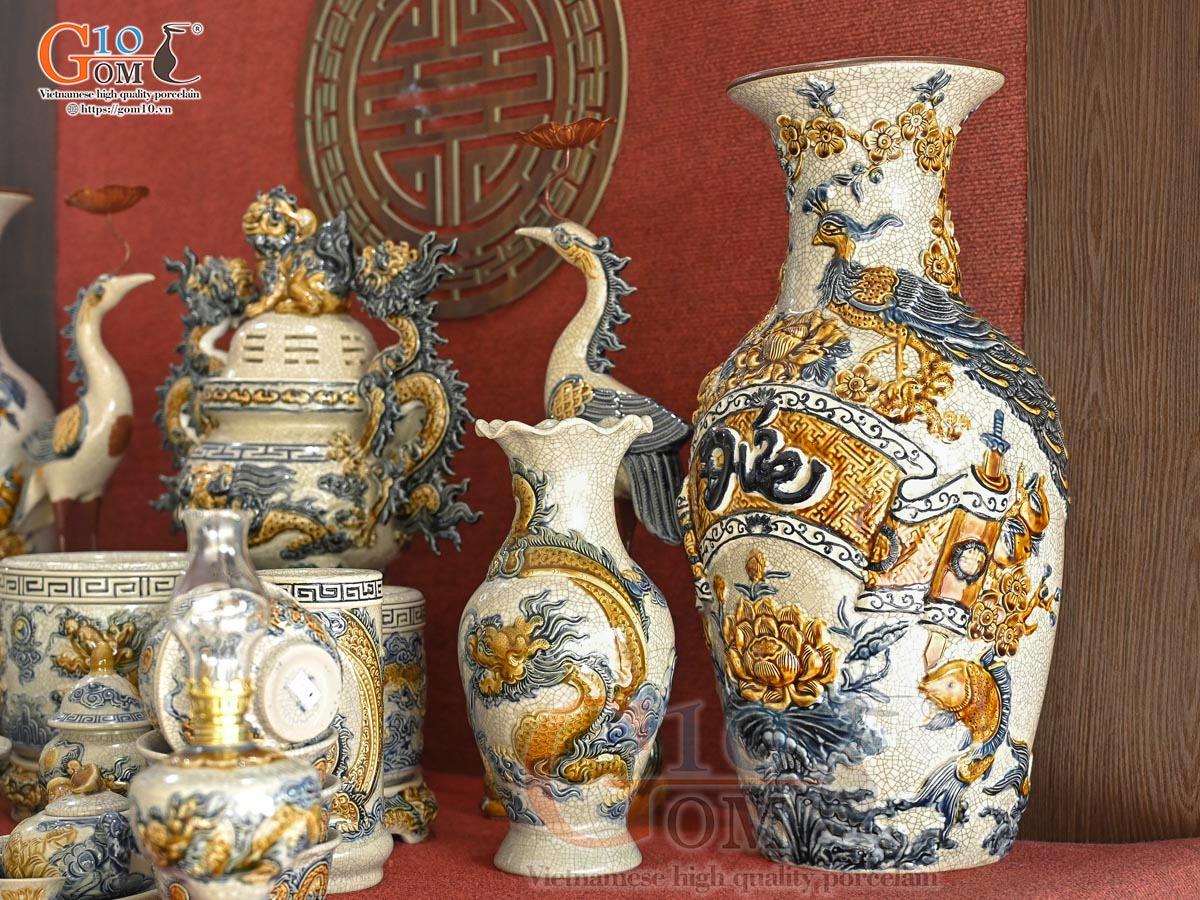 Bộ đồ thờ Hỷ Sự Nạp Phúc men rạn đắp nổi Rồng cao cấp 04 Bộ đồ thờ Hỷ Sự Nạp Phúc men rạn đắp nổi Rồng cao cấp 04