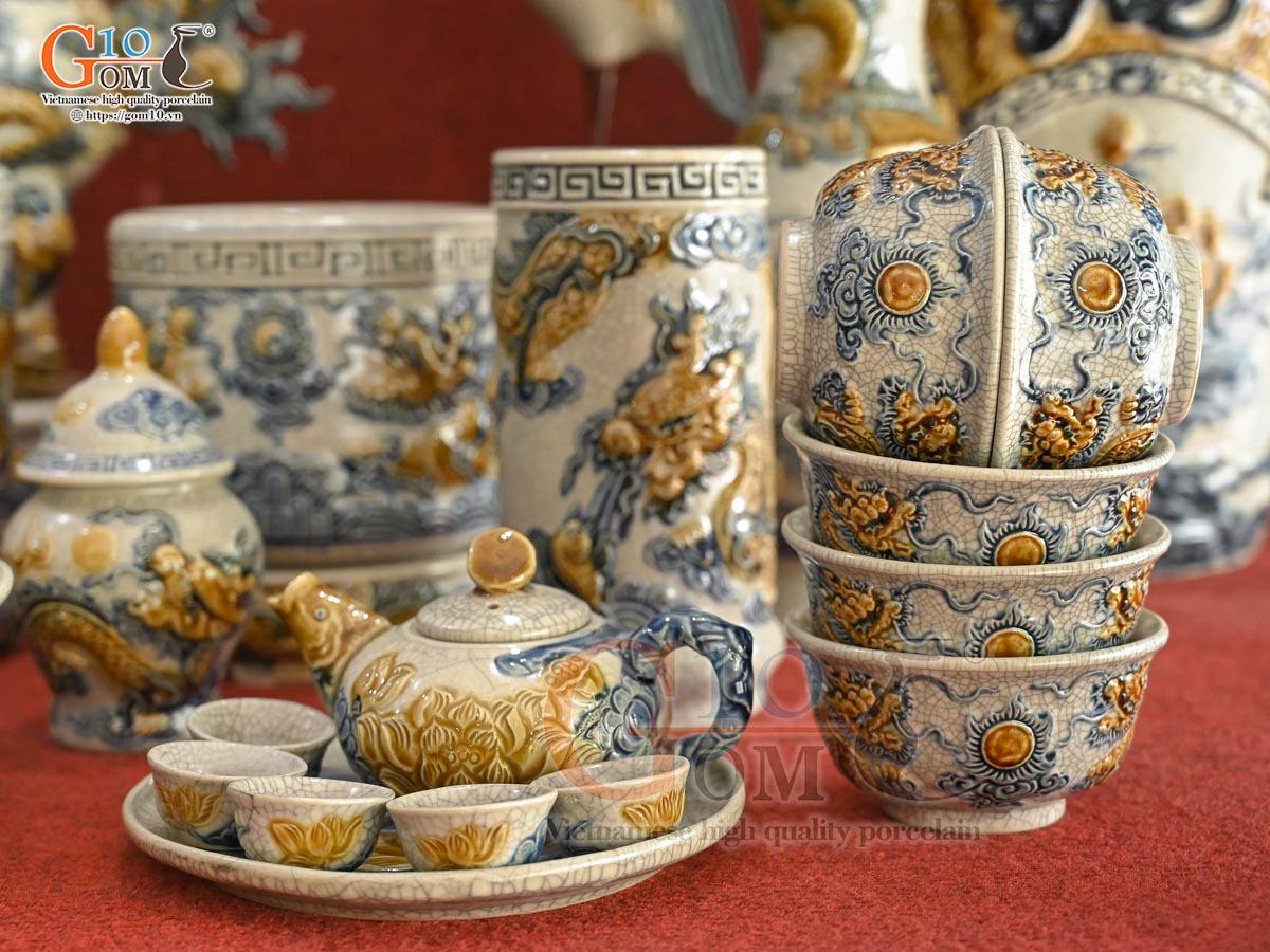 Bộ đồ thờ Hỷ Sự Nạp Phúc men rạn đắp nổi Rồng cao cấp 04 Bộ đồ thờ Hỷ Sự Nạp Phúc men rạn đắp nổi Rồng cao cấp 04