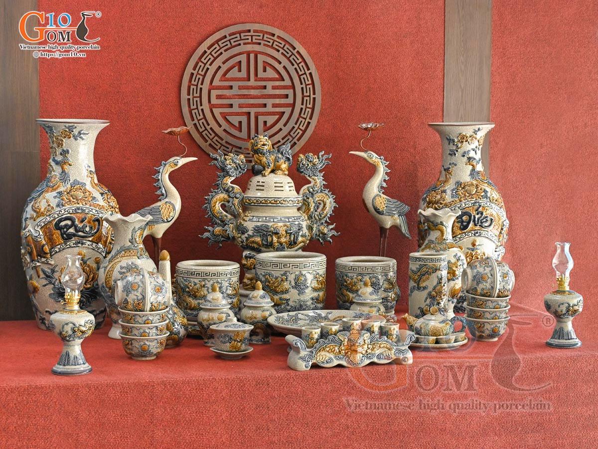 Bộ đồ thờ Hỷ Sự Nạp Phúc men rạn đắp nổi Rồng cao cấp 04 Bộ đồ thờ Hỷ Sự Nạp Phúc men rạn đắp nổi Rồng cao cấp 04