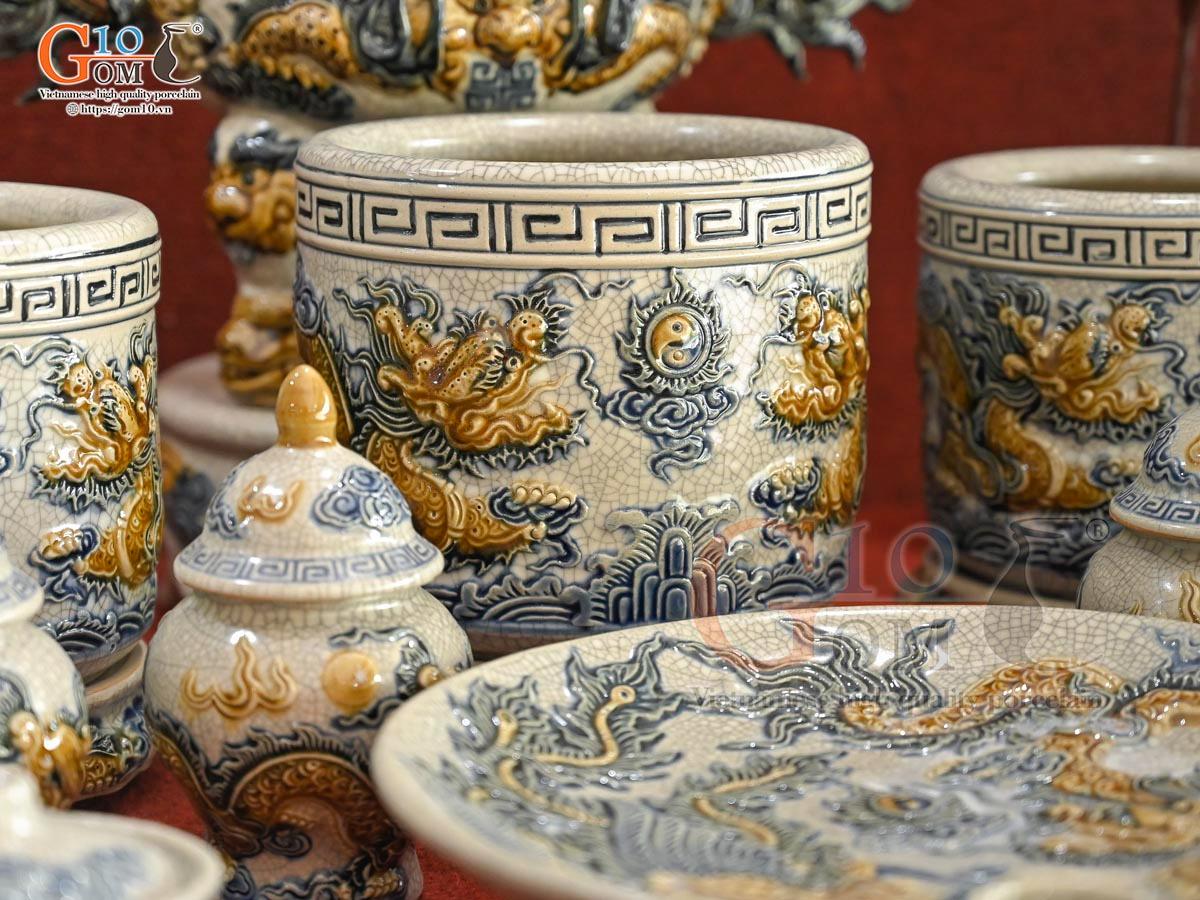 Bộ đồ thờ Hỷ Sự Nạp Phúc men rạn đắp nổi Rồng cao cấp 04 Bộ đồ thờ Hỷ Sự Nạp Phúc men rạn đắp nổi Rồng cao cấp 04