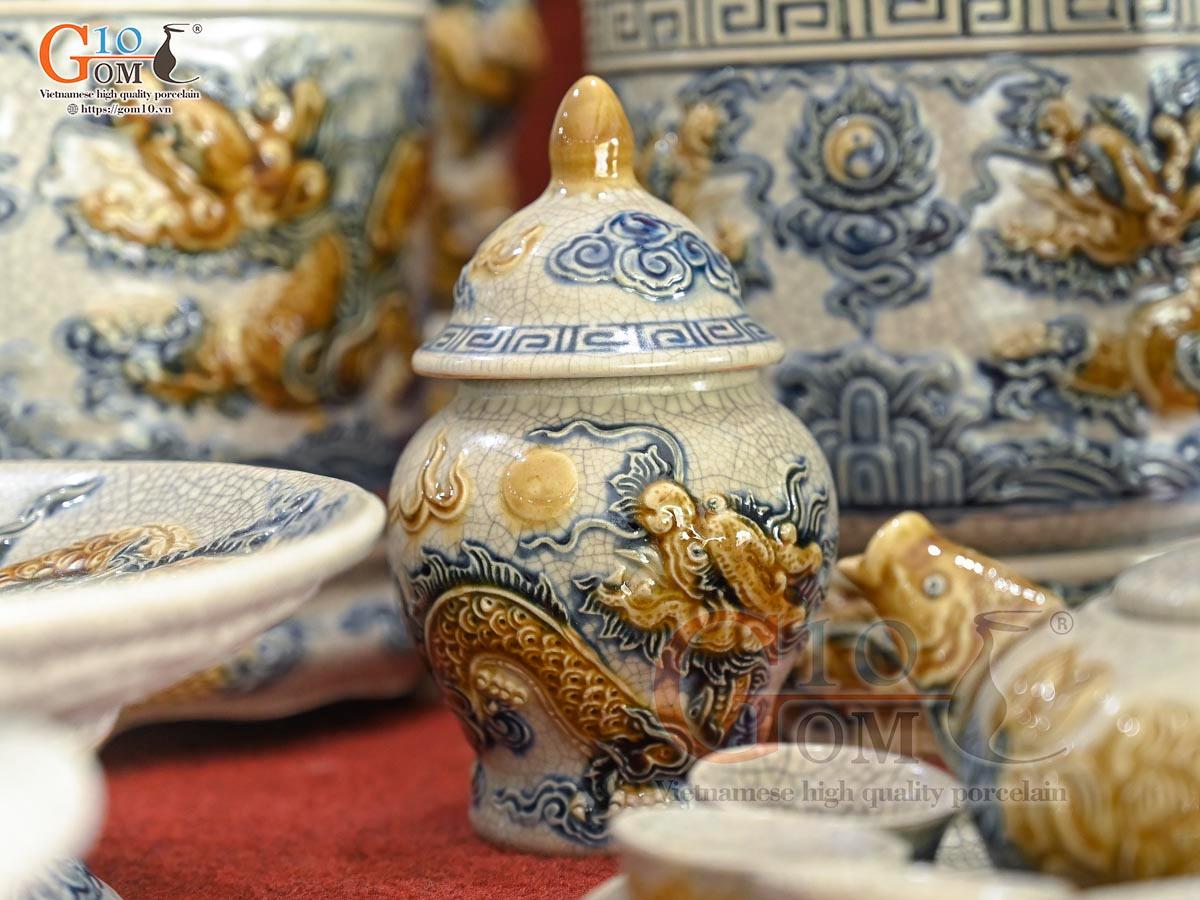 Bộ đồ thờ Hỷ Sự Nạp Phúc men rạn đắp nổi Rồng cao cấp 04 Bộ đồ thờ Hỷ Sự Nạp Phúc men rạn đắp nổi Rồng cao cấp 04