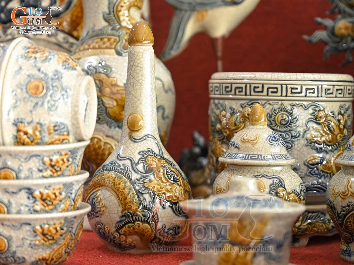 Bộ đồ thờ Hỷ Sự Nạp Phúc men rạn đắp nổi Rồng cao cấp 04 Bộ đồ thờ Hỷ Sự Nạp Phúc men rạn đắp nổi Rồng cao cấp 04