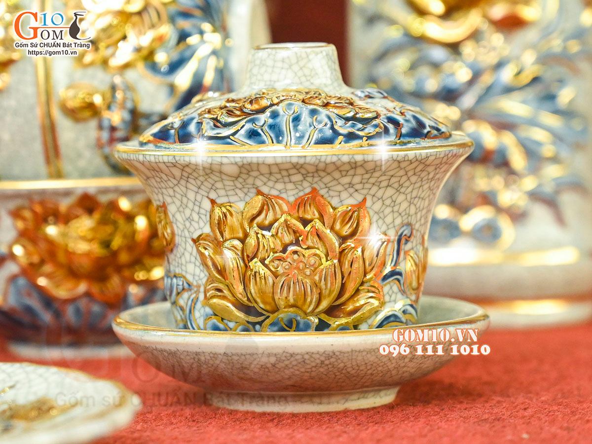 Bộ đồ thờ men rạn đắp nổi Sen Cát Tường vẽ vàng 24k