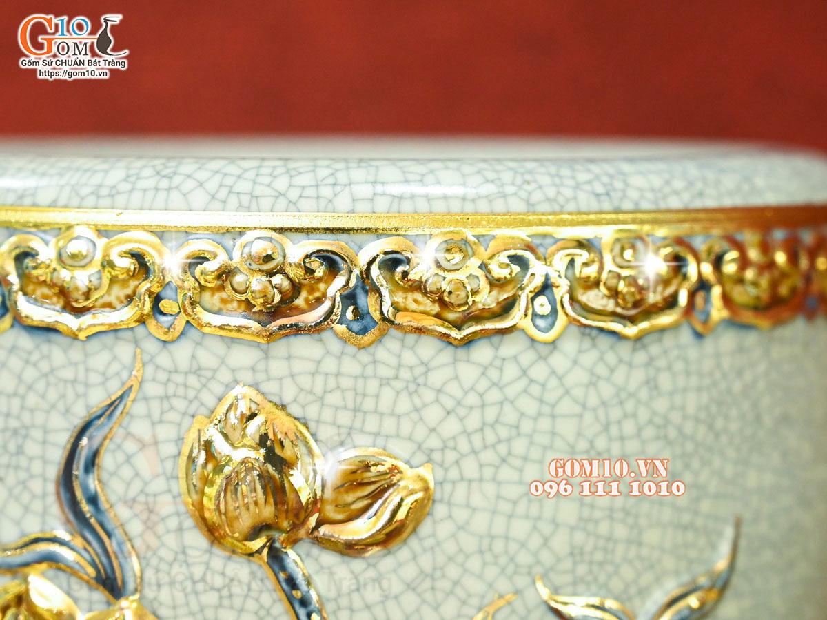 Bộ đồ thờ men rạn đắp nổi Sen Cát Tường vẽ vàng 24k