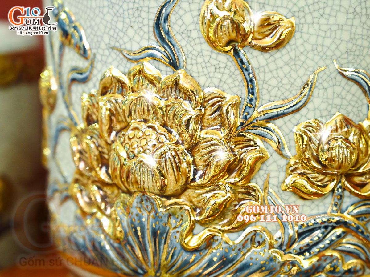 Bộ đồ thờ men rạn đắp nổi Sen Cát Tường vẽ vàng 24k