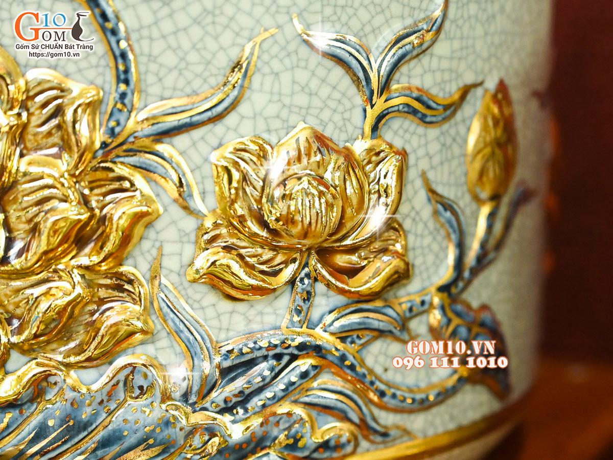Bộ đồ thờ men rạn đắp nổi Sen Cát Tường vẽ vàng 24k
