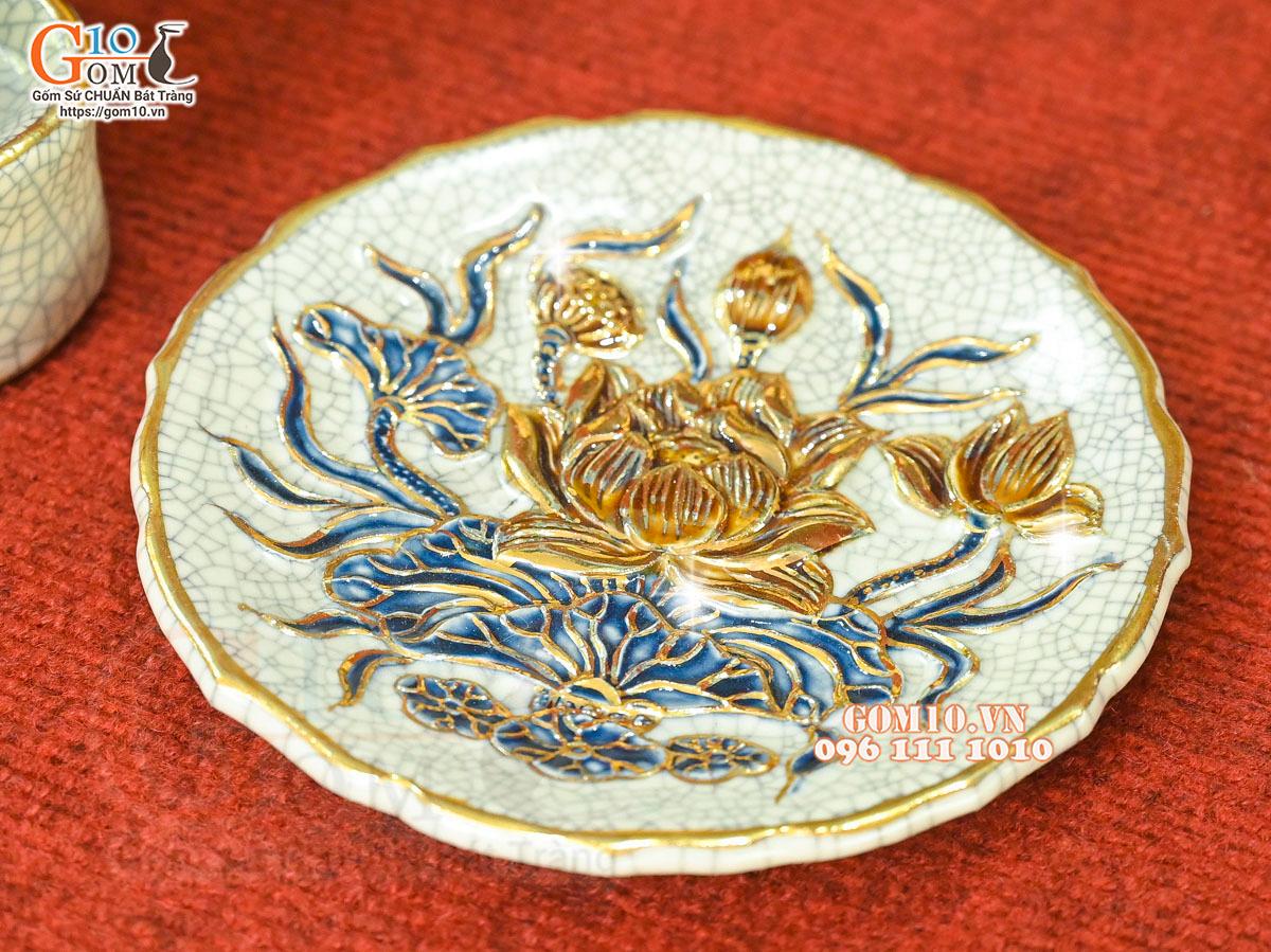 Bộ đồ thờ men rạn đắp nổi Sen Cát Tường vẽ vàng 24k