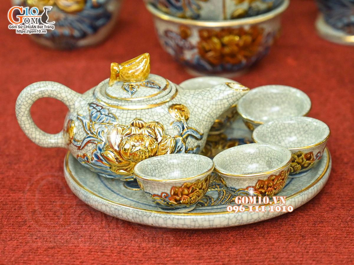 Bộ đồ thờ men rạn đắp nổi Sen Cát Tường vẽ vàng 24k