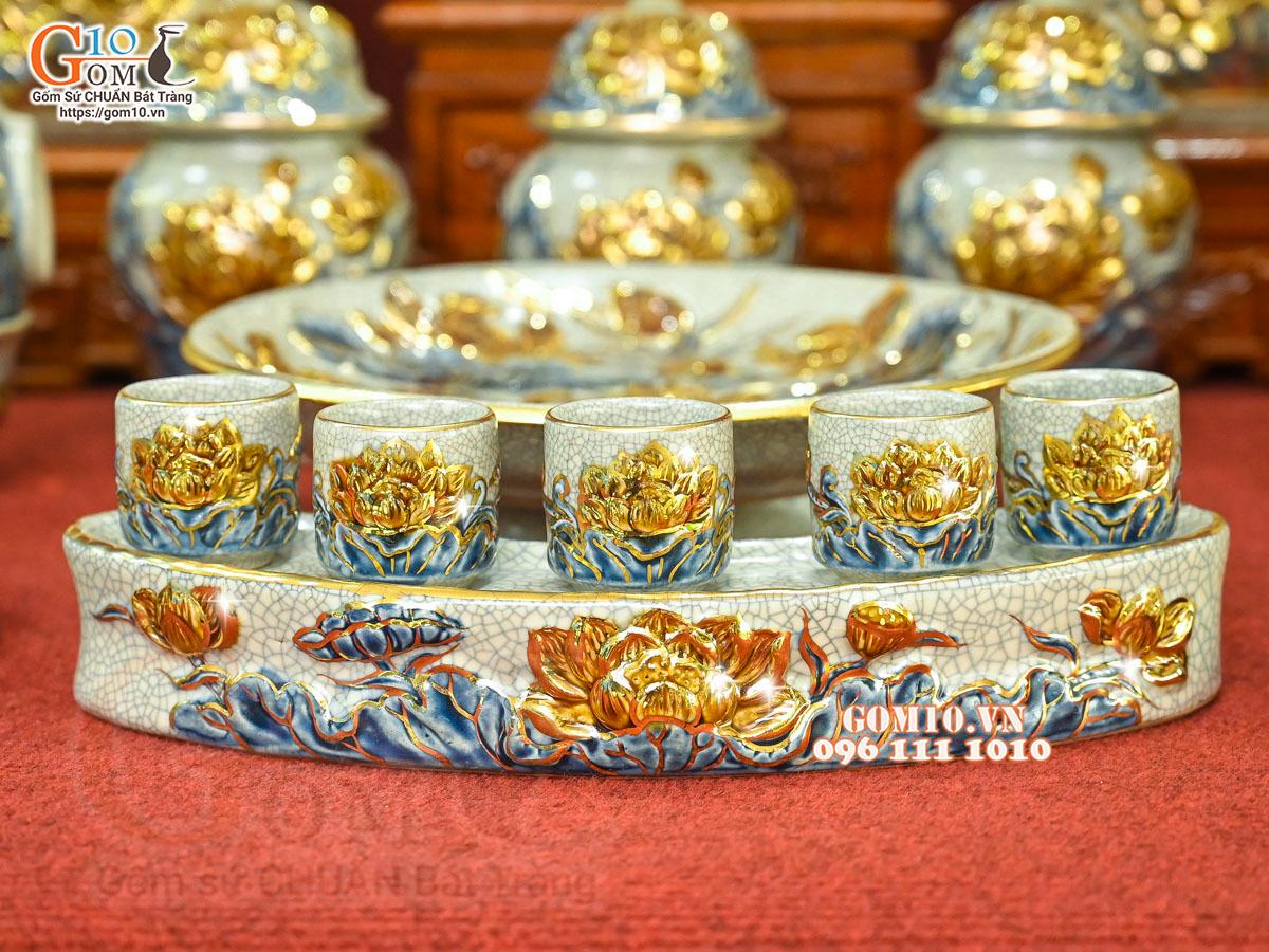 Bộ đồ thờ men rạn đắp nổi Sen Cát Tường vẽ vàng 24k