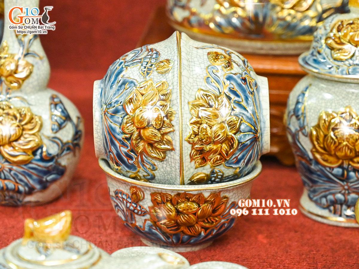 Bộ đồ thờ men rạn đắp nổi Sen Cát Tường vẽ vàng 24k