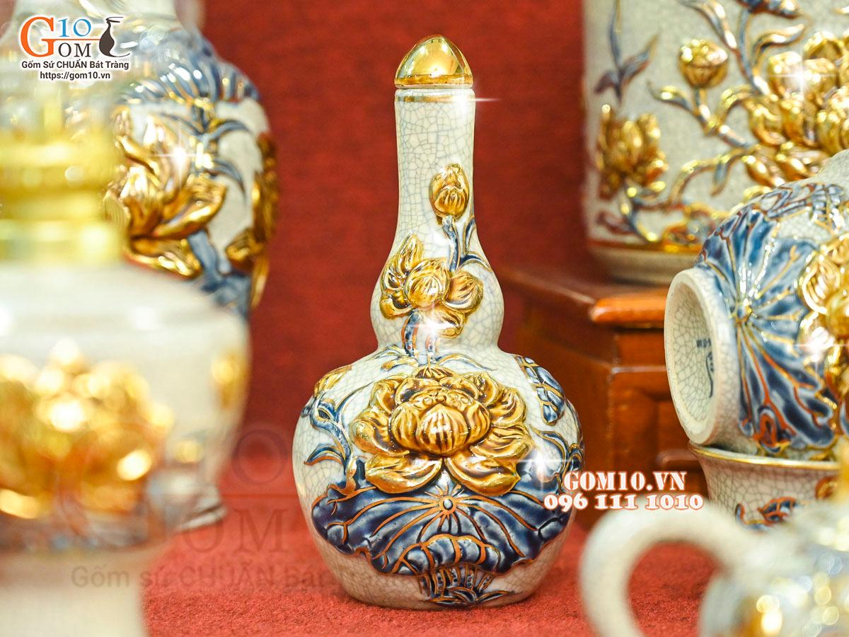 Bộ đồ thờ men rạn đắp nổi Sen Cát Tường vẽ vàng 24k