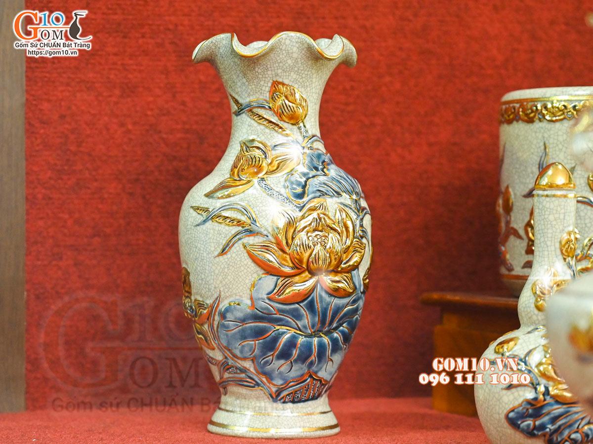 Bộ đồ thờ men rạn đắp nổi Sen Cát Tường vẽ vàng 24k