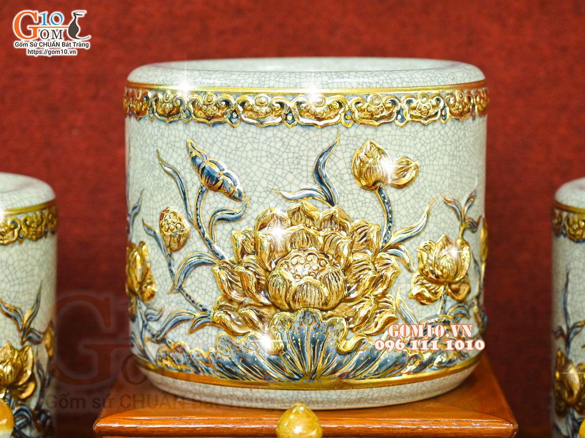 Bộ đồ thờ men rạn đắp nổi Sen Cát Tường vẽ vàng 24k