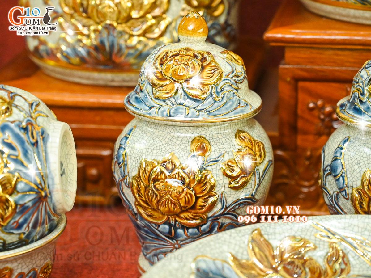 Bộ đồ thờ men rạn đắp nổi Sen Cát Tường vẽ vàng 24k