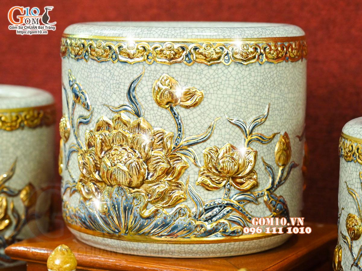 Bộ đồ thờ men rạn đắp nổi Sen Cát Tường vẽ vàng 24k