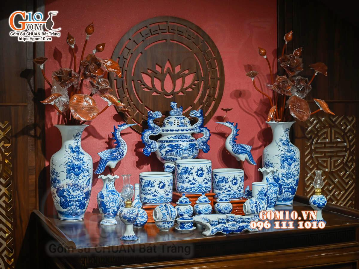 Bộ đồ thờ Như Ý Cát Tường men lam cổ cao cấp 05, cả đỉnh hạc Bộ đồ thờ Như Ý Cát Tường men lam cổ cao cấp 05, cả đỉnh hạc