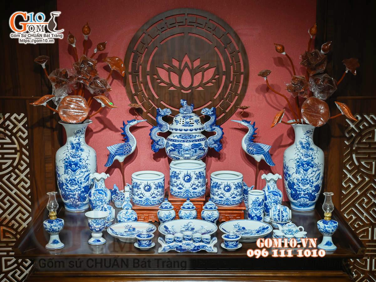 Bộ đồ thờ Như Ý Cát Tường men lam cổ cao cấp 05, cả đỉnh hạc Bộ đồ thờ Như Ý Cát Tường men lam cổ cao cấp 05, cả đỉnh hạc