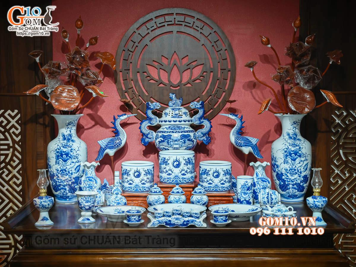 Bộ đồ thờ Như Ý Cát Tường men lam cổ cao cấp 05, cả đỉnh hạc Bộ đồ thờ Như Ý Cát Tường men lam cổ cao cấp 05, cả đỉnh hạc