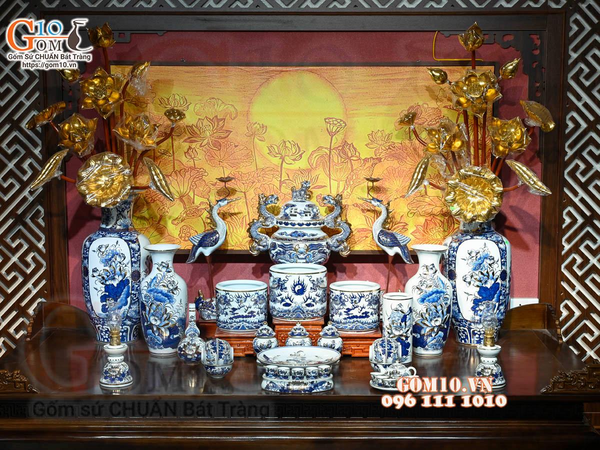 Bộ đồ thờ Như Ý Cát Tường men lam cổ cao cấp, vẽ vàng 24k Bộ đồ thờ Như Ý Cát Tường men lam cổ cao cấp, vẽ vàng 24k