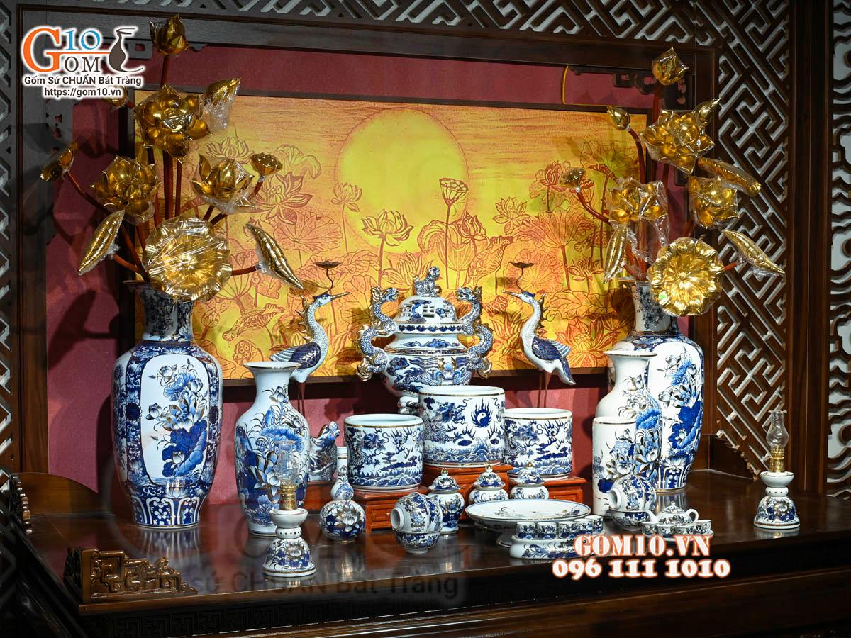 Bộ đồ thờ Như Ý Cát Tường men lam cổ cao cấp, vẽ vàng 24k Bộ đồ thờ Như Ý Cát Tường men lam cổ cao cấp, vẽ vàng 24k