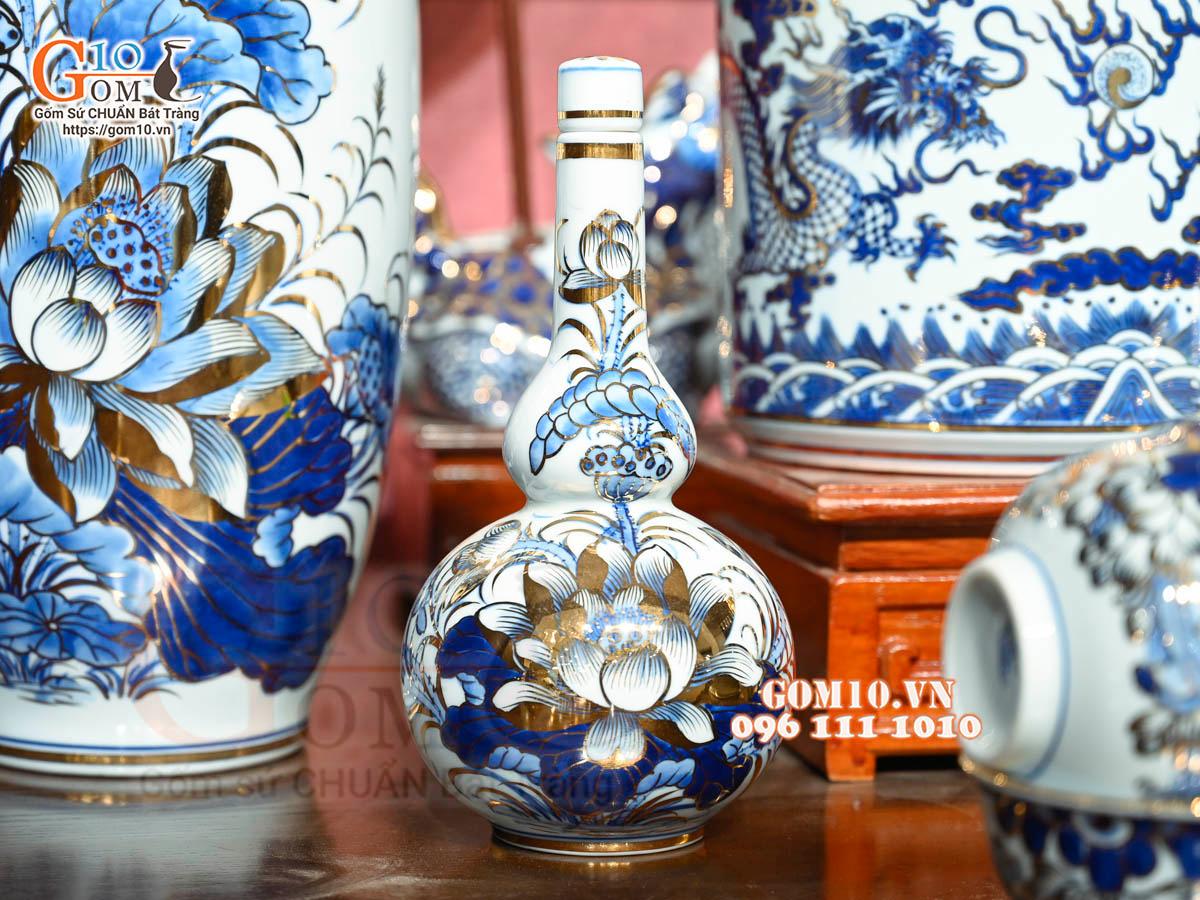 Bộ đồ thờ Như Ý Cát Tường men lam cổ cao cấp, vẽ vàng 24k Bộ đồ thờ Như Ý Cát Tường men lam cổ cao cấp, vẽ vàng 24k