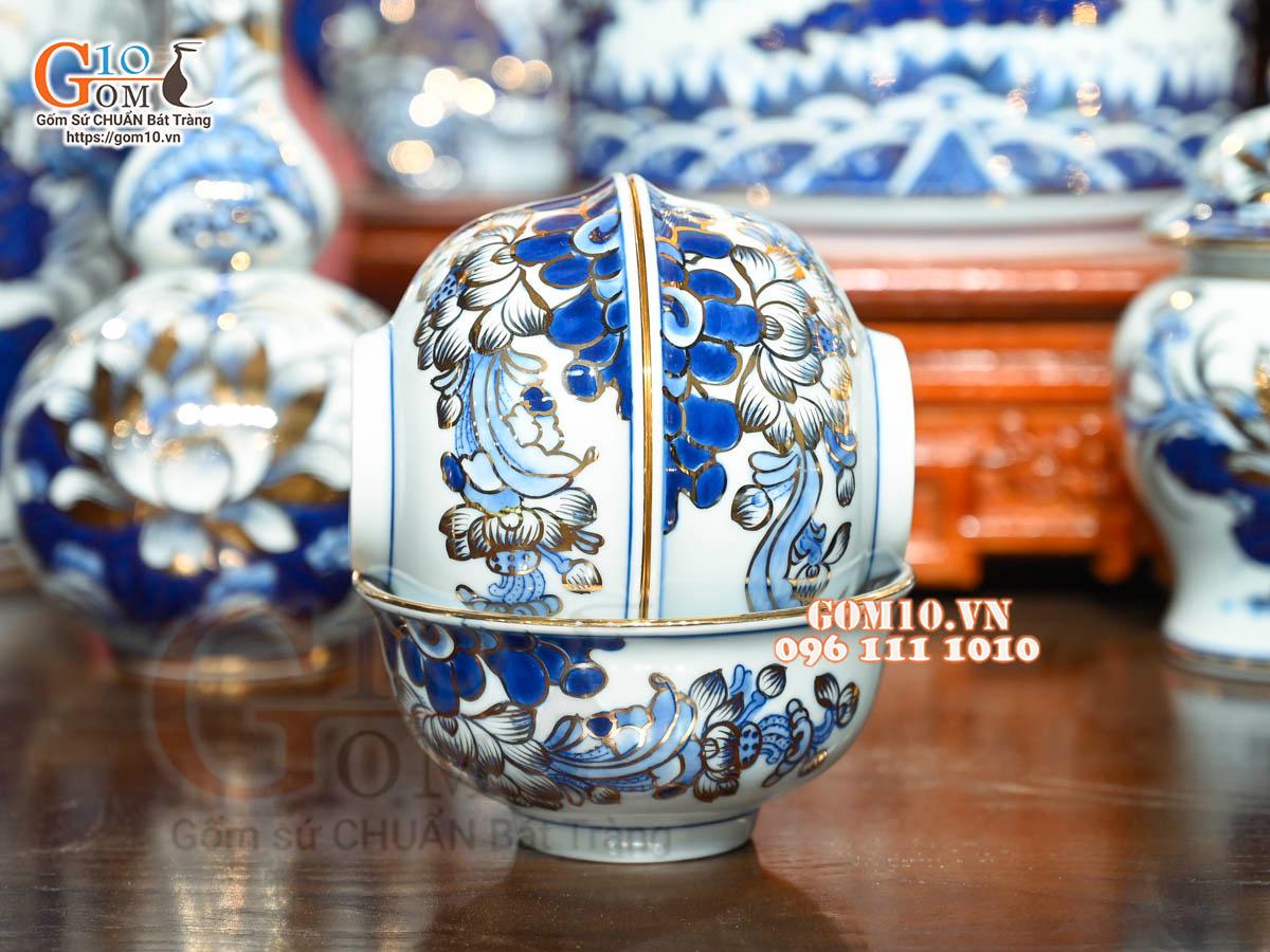 Bộ đồ thờ Như Ý Cát Tường men lam cổ cao cấp, vẽ vàng 24k Bộ đồ thờ Như Ý Cát Tường men lam cổ cao cấp, vẽ vàng 24k