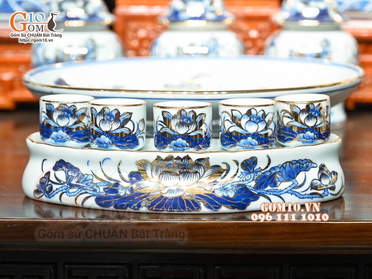 Bộ đồ thờ Như Ý Cát Tường men lam cổ cao cấp, vẽ vàng 24k Bộ đồ thờ Như Ý Cát Tường men lam cổ cao cấp, vẽ vàng 24k