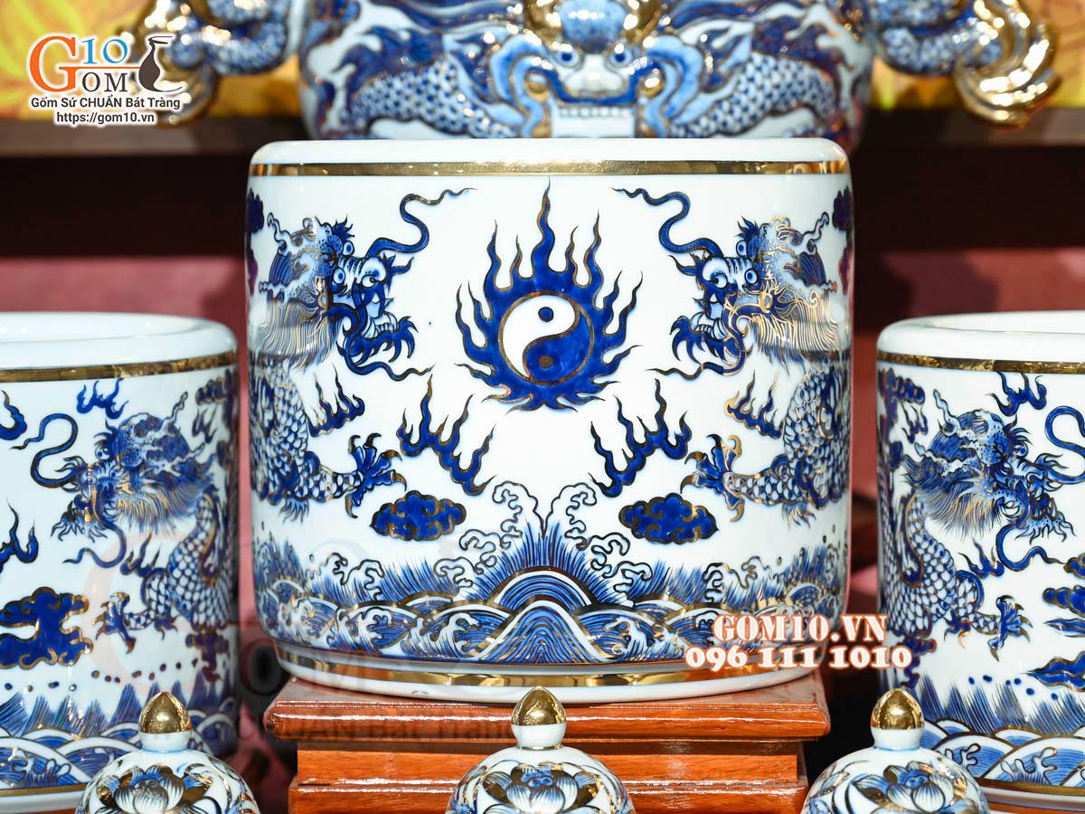 Bộ đồ thờ Như Ý Cát Tường men lam cổ cao cấp, vẽ vàng 24k Bộ đồ thờ Như Ý Cát Tường men lam cổ cao cấp, vẽ vàng 24k