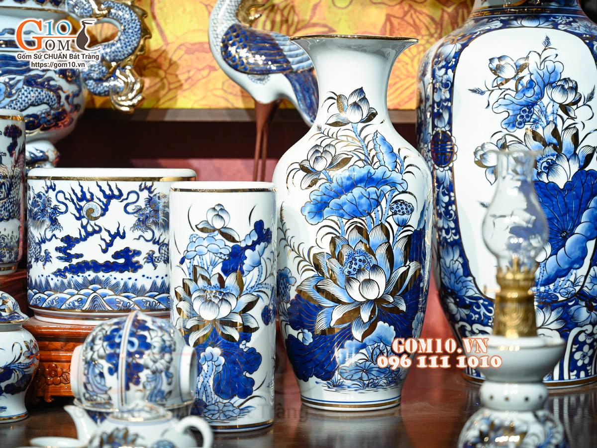 Bộ đồ thờ Như Ý Cát Tường men lam cổ cao cấp, vẽ vàng 24k Bộ đồ thờ Như Ý Cát Tường men lam cổ cao cấp, vẽ vàng 24k