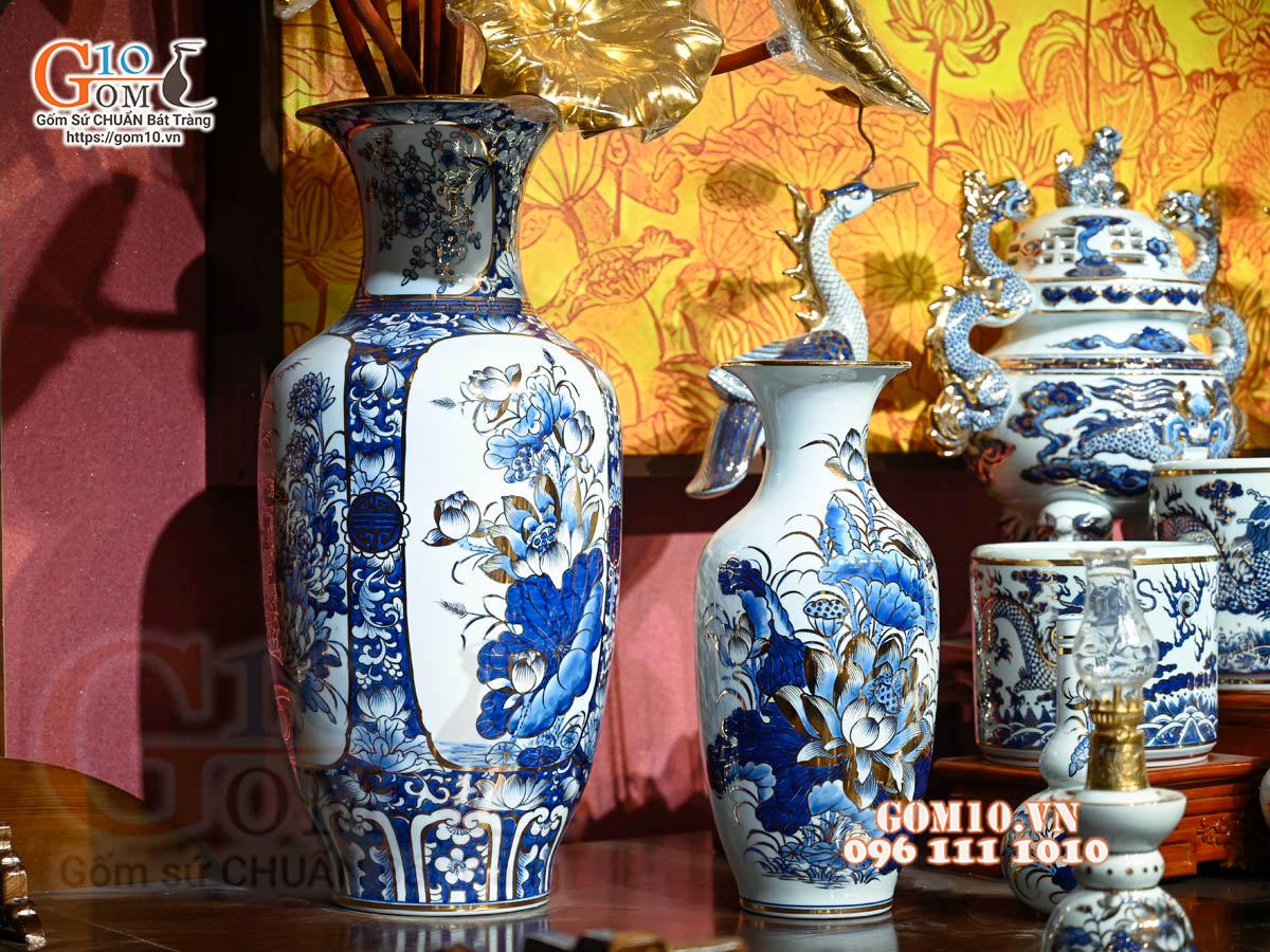 Bộ đồ thờ Như Ý Cát Tường men lam cổ cao cấp, vẽ vàng 24k