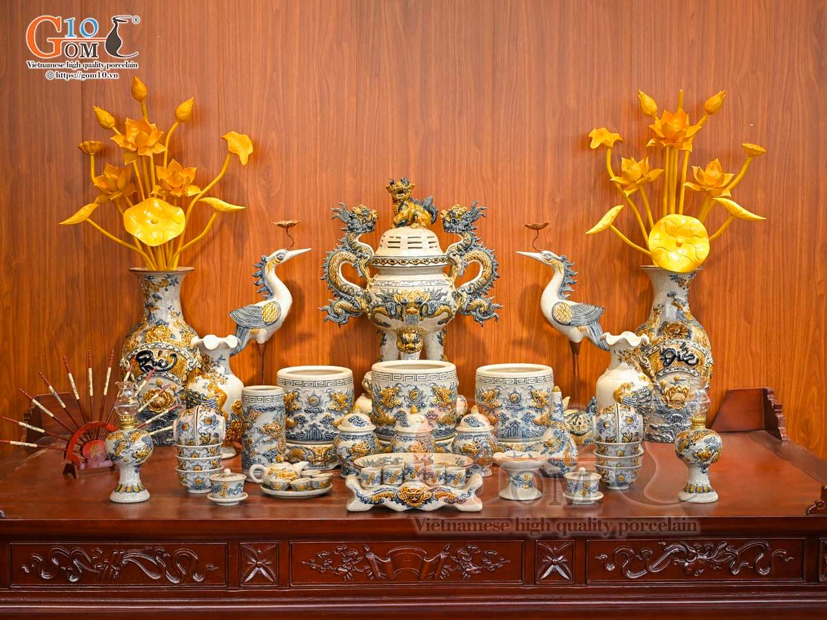 Bộ đồ thờ Như Ý Cát Tường men rạn đắp nổi Rồng cao cấp - 02 Bộ đồ thờ Như Ý Cát Tường men rạn đắp nổi Rồng cao cấp - 02
